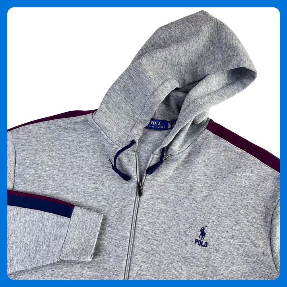 Polo Ralph Lauren Full Zip Hoodie Men XLT Gray Maroon Blue Pony Striped TALL